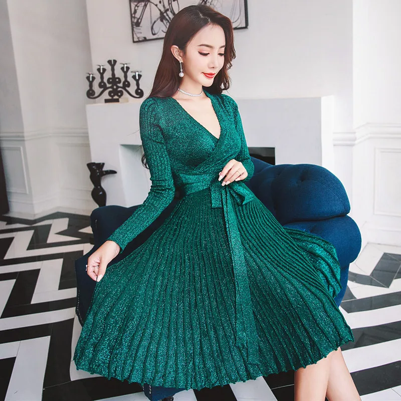 

2019 Spring Autumn New Solid Glitter Green Dress Women Celebrity Party Low-cut Sexy Slim Belt A-line Knitted Dress Vestido