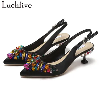 

Colorful Rhinestone Women Pumps Shoes Crystal Kitten Heels Shoes Woman Pointy Toe Buckles Buty Damskie Letnie Black Ladies Shoes