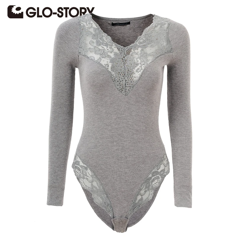 GLO STORY Women Bodysuits Jumpsuits 2018 Chic Sexy Long Sleeve Sweater Lace Patchwork Skinny