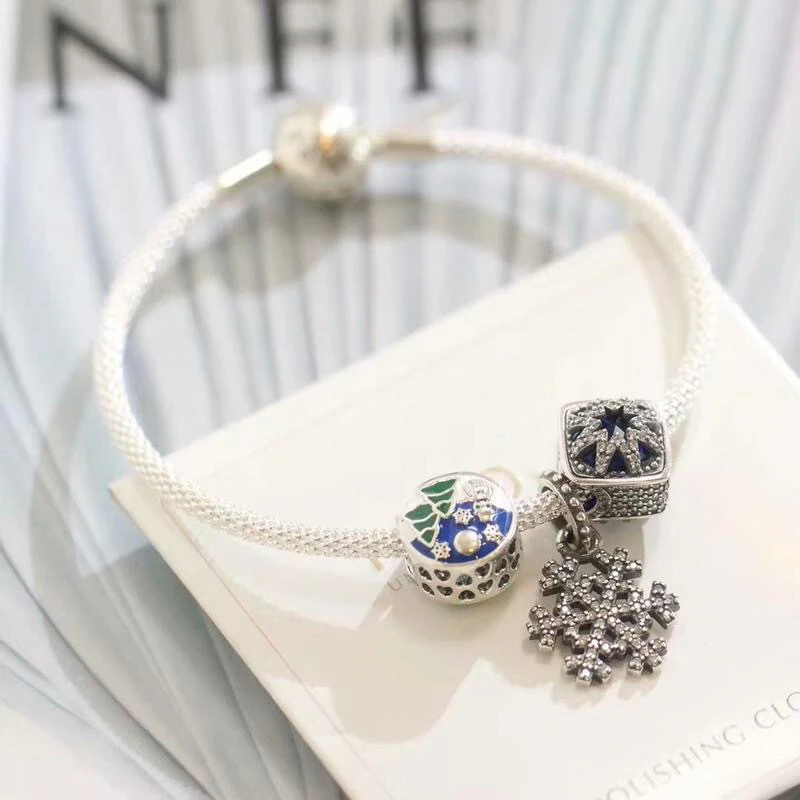

Fits Jewelry Charm DIY Women Party Gift Jewelry Snowflake Winter Series Blue Beads 925 Sterling Silver Finished Bracelet
