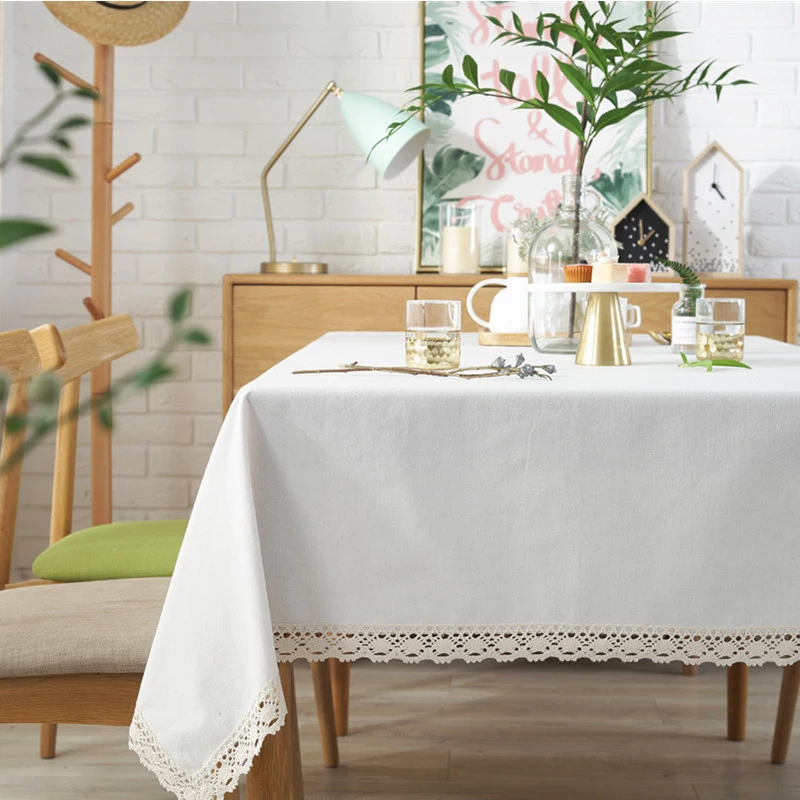 

Soild Tablecloth with White Lace Elegant Rectangle Tablecloth Cotton Linen Table Cloth for Home Dinner Tea Table Cover