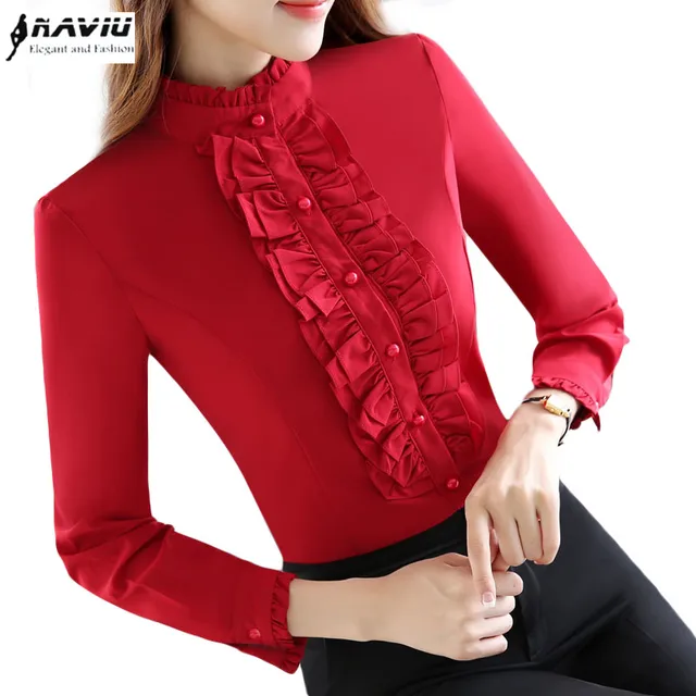 Autumn formal long sleeve women red shirt OL New Elegant stand color