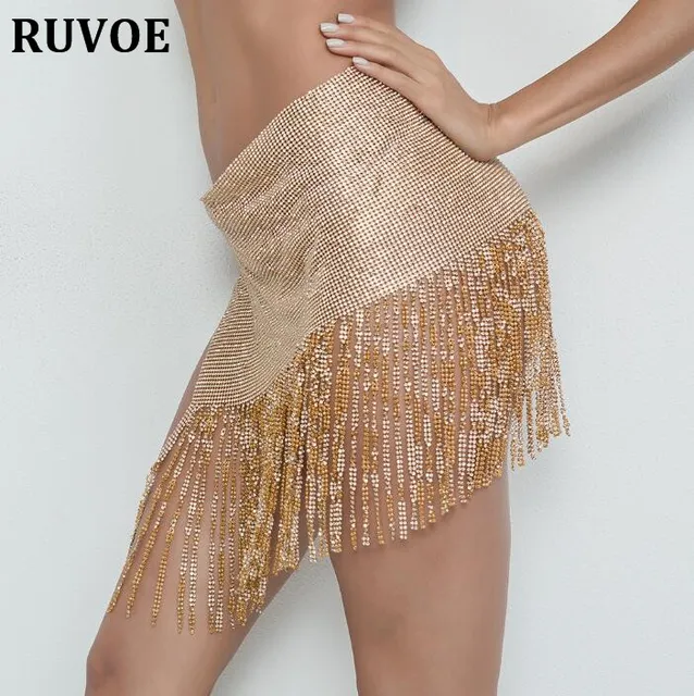 Sexy Women Sequins Tassel Skirts Gold and Sliver Color Skirt Ladies Sparkly Diamond Rhinestone