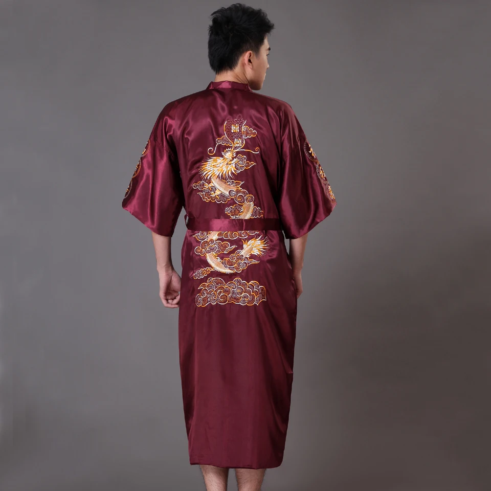 Высокое качество бордовое мужское кимоно банное платье китайский стиль Атласный халат вышивка Пижама с драконом пижамы размера плюс XXXL MP042