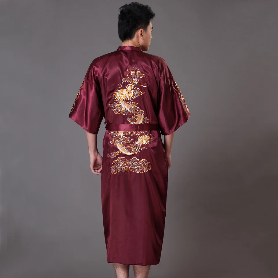 

High Quality Burgundy Men's Kimono Bath Gown Chinese Style Satin Robe Embroidery Dragon Sleepwear Pijamas Plus Size XXXL MP042