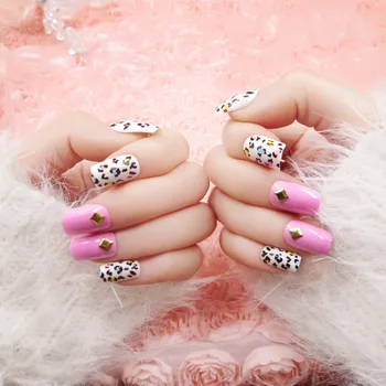 

New 24pcs Mixed loading False Nails Long Full Artificial gel Fake Nails Pink leopard grain nail strips(Contains no glue)