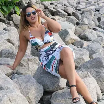 

Allyzozo 2 Pieces Set for women Spaghetti Strap Crop Tee Tops and Skirts Streetwear Paper Print Backless Sets