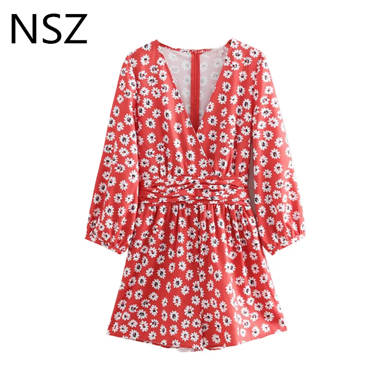 

NSZ Women Daisies Print Summer Jumpsuit Cross Deep V Neck Half Sleeve Fashion Romper Overall