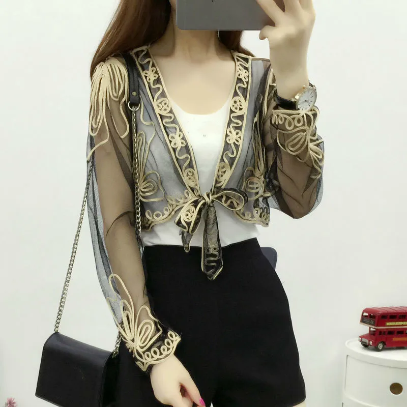 Casual V-neck Long Sleeve Hollow Out Crochet Lace Cardigan Sunscreen Shirt Blusas Summer Women Tops Camisas
