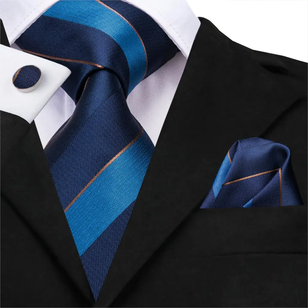 

Hi-Tie Men Ties Blue Stripe Neck Tie Formal Necktie Pocket Square Cufflinks Set for Suit Business Wholesale C-3201