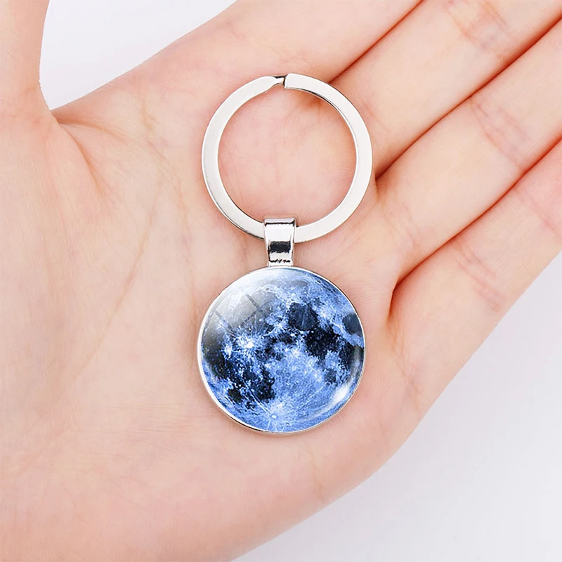 Blue Moon Key Ring Full Moon Gem Pendant Galaxy Cosmic Glass Dome Key