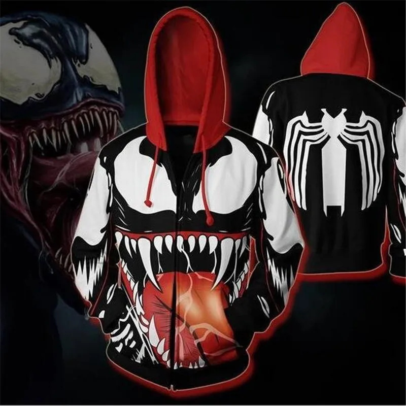 New Movie Venom Superhero Movie Zipper Sweater Hoodie Cosplay Costumes Edward Brock Eddie Brock Christmas Plus Size Pullover