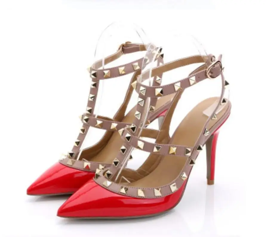 

Hot Sale Women Shoes Pointed Toe Rivets Sandals Cut-Outs High Heels Ankle Strap Stilettos Evening Dress Party Shoes 6CM 8CM 10Cm