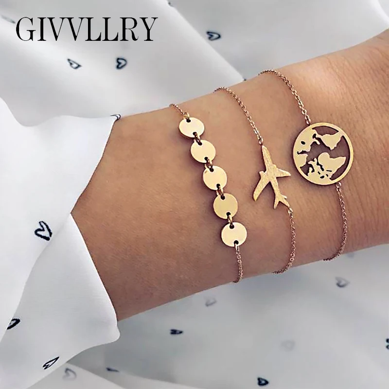 

12 sets US0.79 per World Map Airplane Charm Bracelets for Women Chic Geometric Gold Metal Sequins Chain Bracelets Set Jewelry