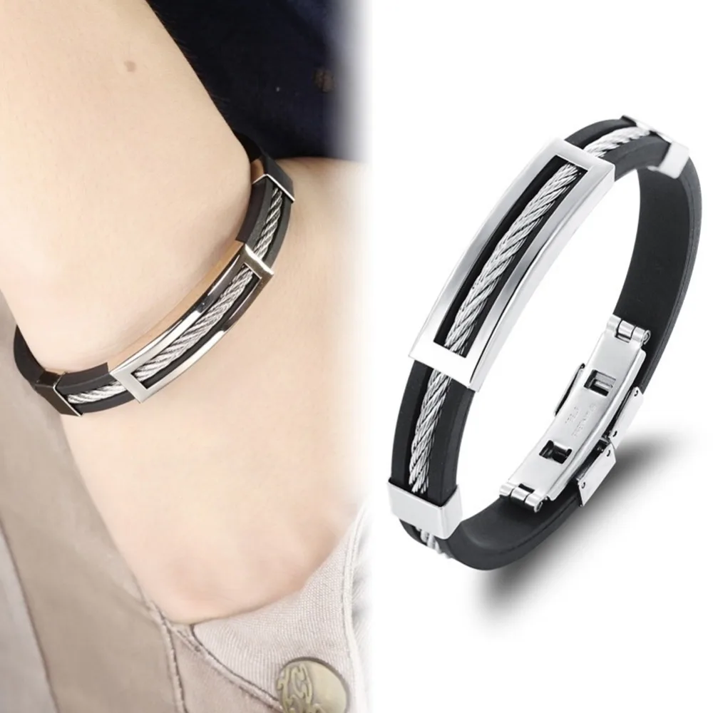 

New Fashion Punk Bracelet black Rubber Silicone Stainless Steel Men Bracelets Bangles bracelets man #289247