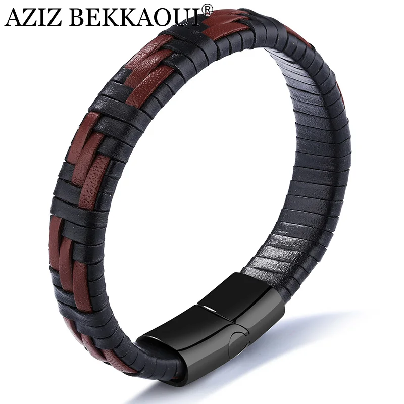 

AZIZ BEKKAOUI Punk Brown Genuine Leather Bracelet for Men Stainless Steel Rope Chain Bracelets Male Jewelry Cool Gift