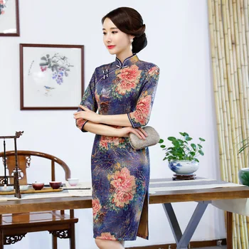 

Chinese Women Elegant Mandarin Collar Cheongsam Summer Velvet Lady Qipao Slim Evening Dress Performance Clothes Plus Size M-3XL
