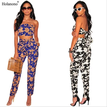 

Holanono Women's Outfit Floral Printed Off The Shoulder High Waist Wide Leg Two Pieces Bustier Trousers Set Party Pants
