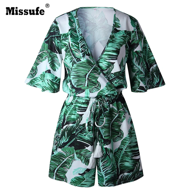 2018 Deep V Neck Summer Bodysuits Women Green Leaves Print Beach Playsuit Female Short Overalls Jumpsuit Casual Boho Bodysuit 2018 Deep V Neck Summer Bodysuits Women Green Leaves Print Beach Playsuit Female Short Overalls Jumpsuit Casual Boho Bodysuit