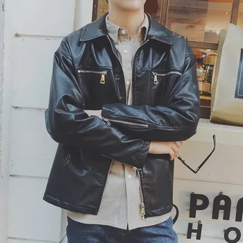 

2018 Spring New Men's Fashion Tide HongKong Style Zipper Decoration Leather Clothing Loose Casual Black Color Jacket Coat M-XL