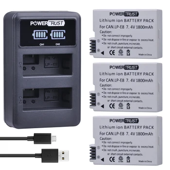 

PowerTrust 3Pcs 1800mAh LPE8 LP-E8 LP E8 Battery + LED USB Dual Charger For Canon EOS 550D 600D 650D 700D X4 X5 X6i X7i T2i T3i