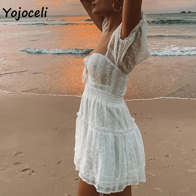 Yojoceli Летнее белое, с кружевами, связанными крючком платье женские пляжные в стиле бохо праздничное платье 2 предмета платье