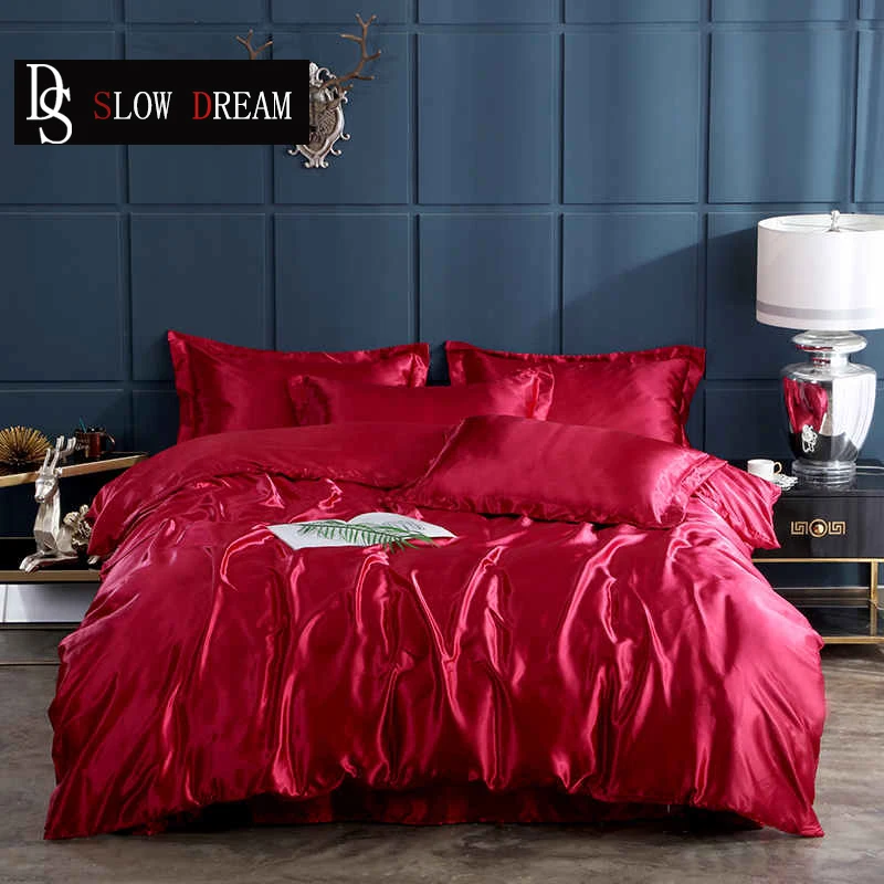 

SLOWDREAM Red Bedding Set 100% Silk Luxury Bedspread Double Queen Duvet Cover Set Euro Bed Linens Pillowcase Bed Flat Sheet Set