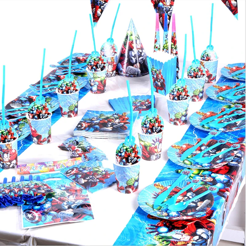 105/135pcs The Avengers Disposable Cup Table Cover Knife Fork Spoons Napkins Birthday Party Supplies Decoration Tableware Supply