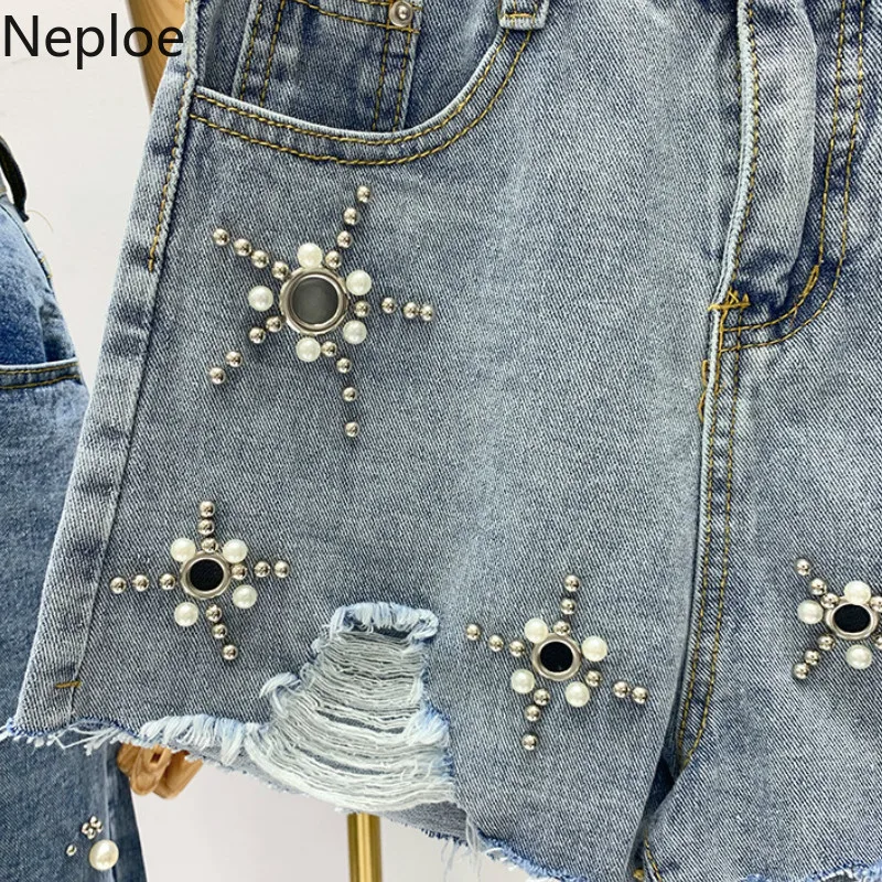 Neploe/женские шорты с завышенной талией украшенные бисером лето 2019 новые Рваные
