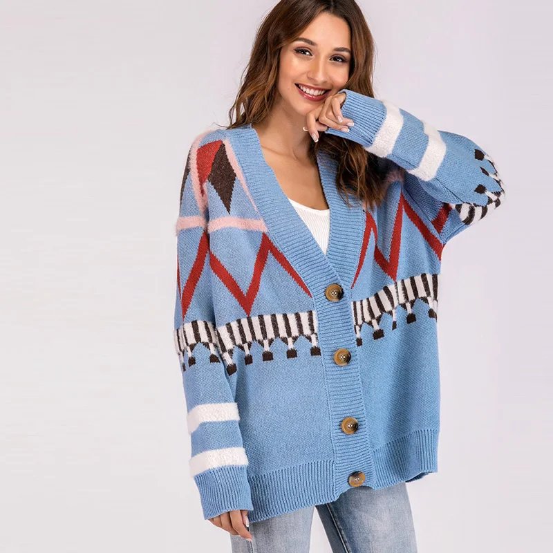 Front Blue Button Loose Fuzzy Long Cardigan Knit Geometric Fashion With Pattern Women Detail Tops Raglan Sleeve Qiuxuan Sweater qUvTF