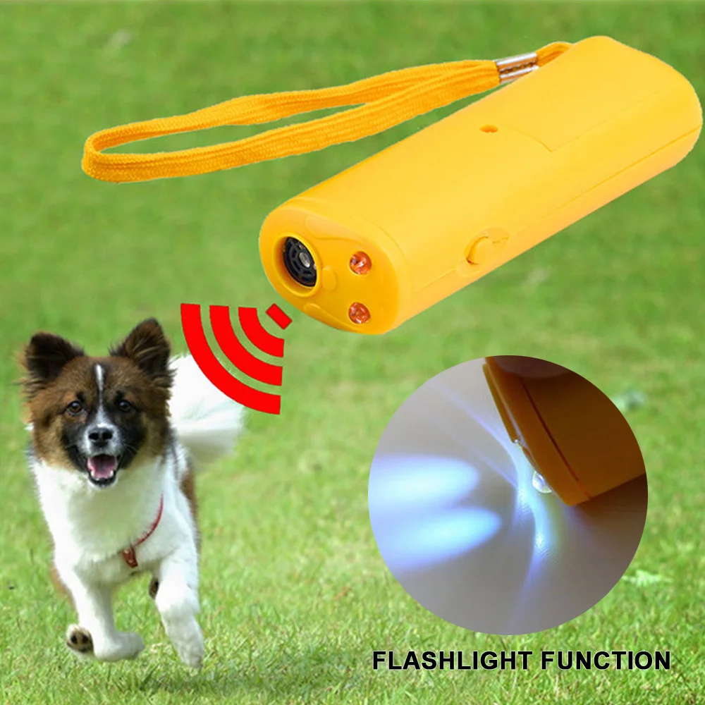 

130*26*40mm Yellow Anti Attack Stop Bark Ultrasonic Dog Repeller Pet Training Machine LED Dog Training Device Useful 3 in 1