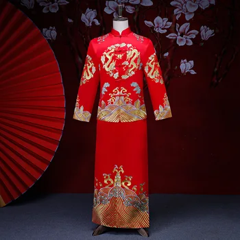

Show men's clothing pratensis chinese style wedding Gown red embroidery groom evening Long gown kimono jacket tang suit costume