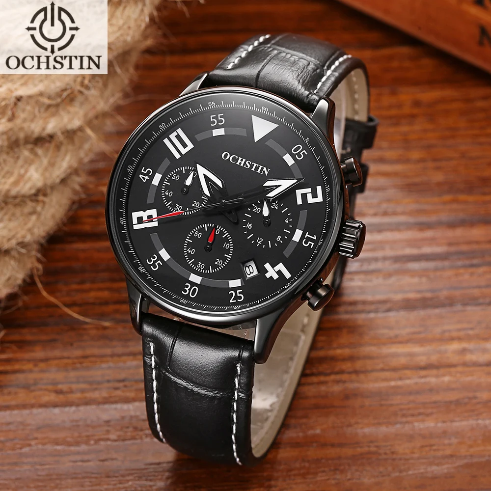 

OCHSTIN Fashion Waterproof Quartz Analog Luminous Men Watch Luxury Genuine Leather Men Watches Calendar Casual Wristwatch + Box