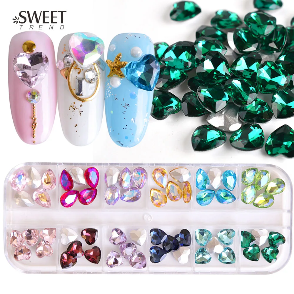 

1 Set 60pcs Mixed Nail Art Rhinestones for Nails Peacock Blue Heart/Waterdrop Crystal Stones 3d Nail Decorations Shiny Gems LASX