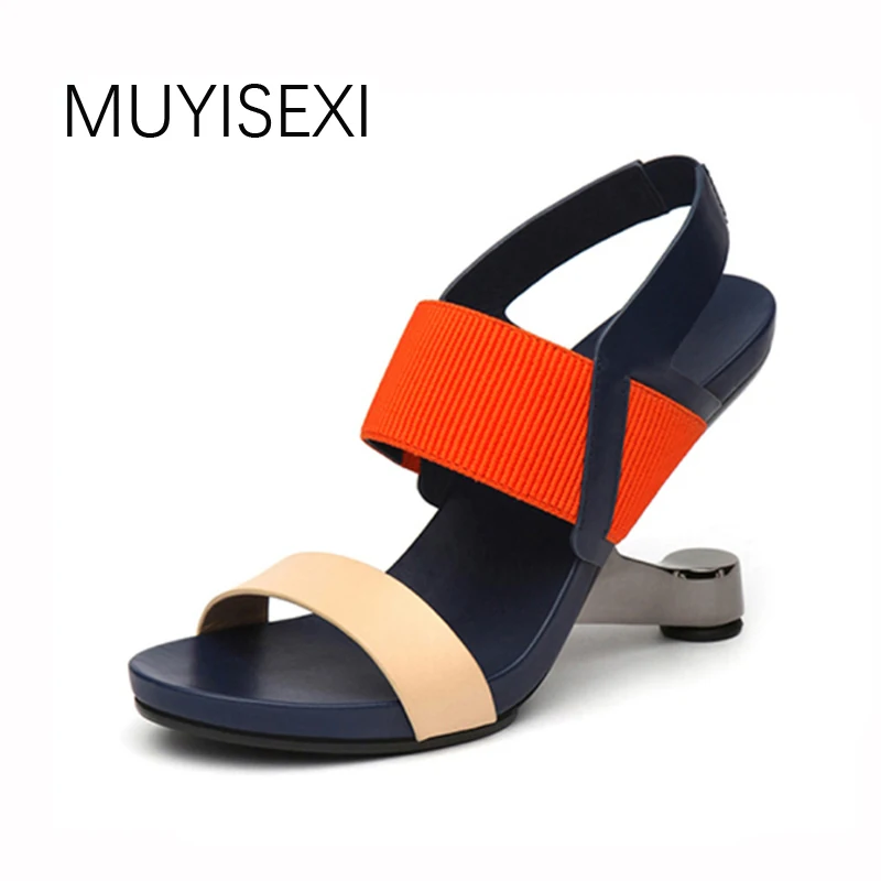 online Sandálias de Salto alto Mulheres Sapatos de Couro Genuíno Cor Misturada MUYISEXI HL37 Estranho Calcanhar Fretwork Verão Das Sandálias Das Mulheres Do Dedo Do Pé Aberto