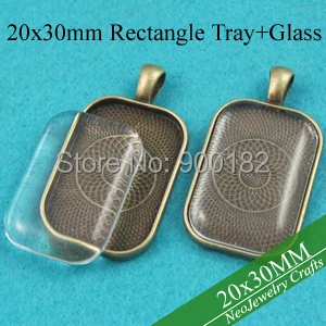 

20x30mm Antique Bronze Rectangle Pendant Tray, Cabochon Setting, Brass Pendant Bezel Tray with Matching Glass Cabochon
