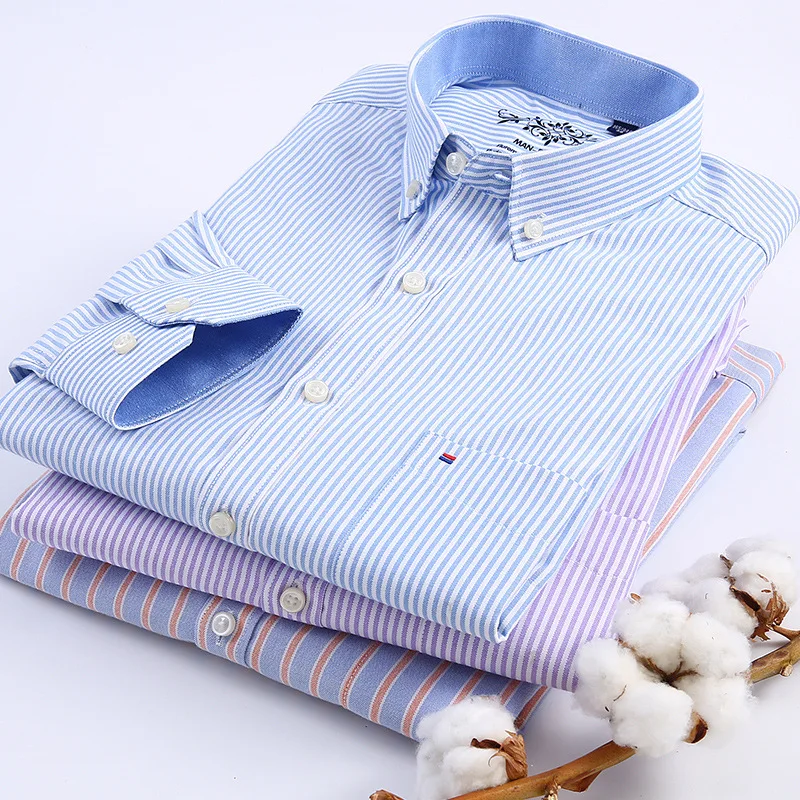 Men Shirt Long Sleeve New Oxford Solid Color Striped Shirt Plaid Mens Shirts Casual Slim Fit 4
