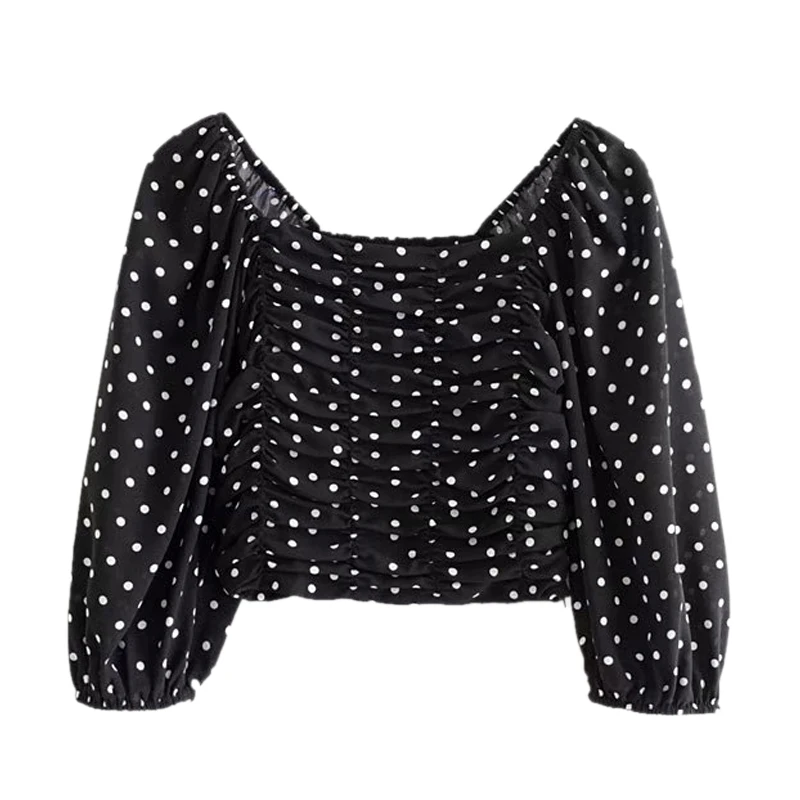 

Women Polka Dots Short Style Blouse Slash Neck Back Elastic Lantern Sleeve Shirts Side Zipper Sweet Crop Top FFZSY342