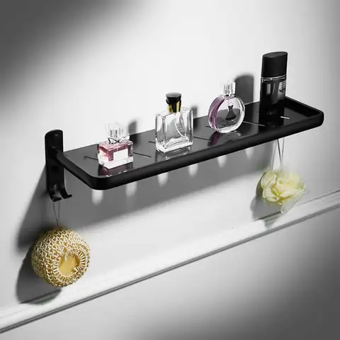 Aluminum Bathroom Shelves Black Home Decorative 50cm Bathroom Storage Rack Wall Mounted Shelf with Hook Accessories A08603