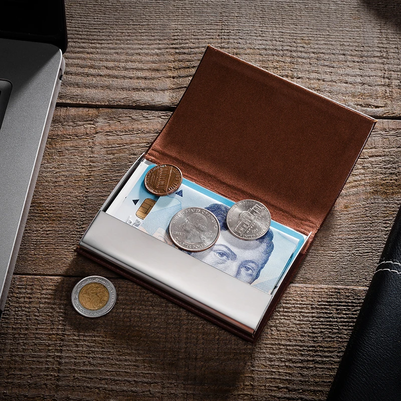 New Bring Business Card Holder PU Leather Bank Slim Credit Card Box Package Coin Holder Case Stainless Steel Gift Box