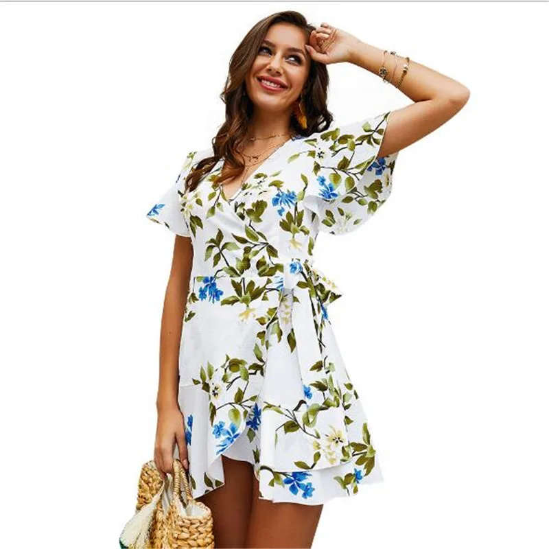 Женское мини-платье с цветочным принтом Boho летнее пляжное платье коротким