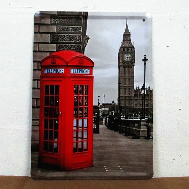 Vintage Painting Bar House Cafe Retro Plates London Telephone Booth Vintage Painting Bar House Cafe Retro Plates London Telephone Booth Wall Art Decor Metal