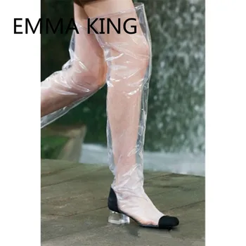 

2019 New PVC Transparent Women Over The Knee Rubber Rain Boots Round Toe Slip On Clear Chunky Heels Shoes Woman Thigh High Boots