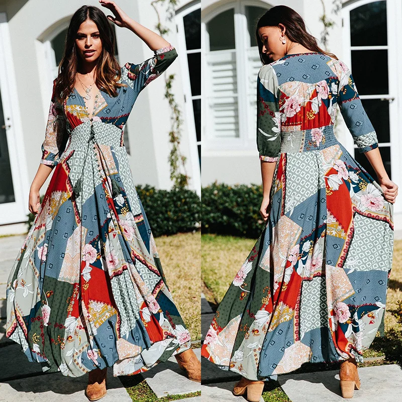 

Women Dress 2019 Summer Printed Half Sleeve V-neck Bohemian Style A-line with Waist Smoking Beach Style girls dresses S-XL