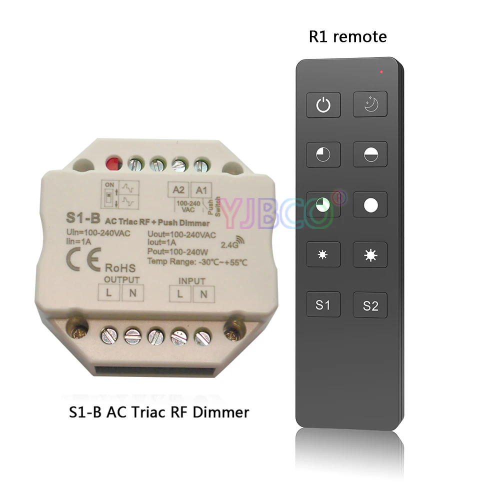 S1-B 100-240VAC Вход напряжения; Выход 100-240VAC 1A пуш-ап диммер СВЕТОДИОДНЫЙ симисторный диммер контроллер R1 2,4 ГГц Беспроводной пульт дистанционного управления