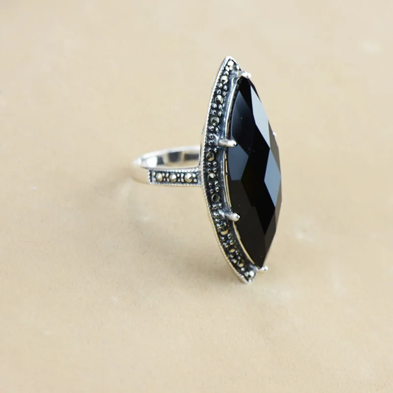 Гарантированное серебряное кольцо 925, античные массивные кольца для женщин, Ромб, черный агат, натуральный камень, ювелирные изделия Anillos Mujer