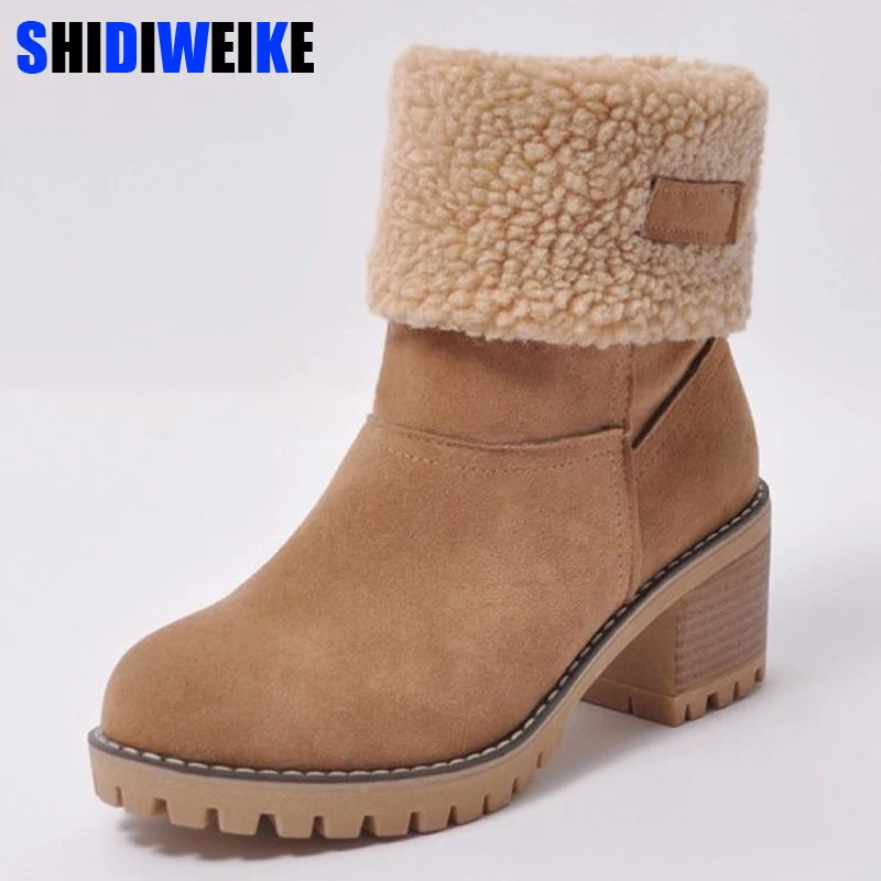 Koop Merk Vrouwen Laarzen Vrouwelijke Winter Schoenen Vrouw Bont Warm Sneeuw laarzen Mode Vierkante Hoge Hakken Enkellaars Zwart Groen Laarzen m968