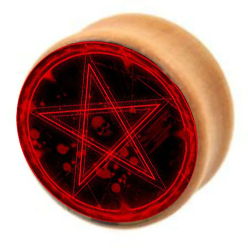 

Wholesale Wood Body Jewelry Red Baphomet Pentagram Logo Ear Plugs And Tunnels Ear Gauge Stretching Expander 6-16mm Piercing