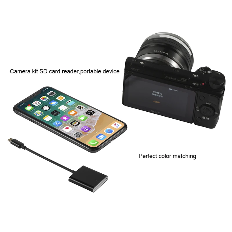 Camera Kit SD Card Reader Lightning OTG Adapter No APP Need Black Connect Cable TF Micro 5