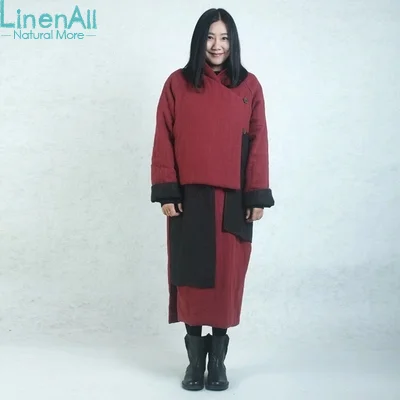 Cheap LinenAll women's red long parkas, vintage 100% linen handmade long winter cotton-wadded coat & jacket outerwear BMF